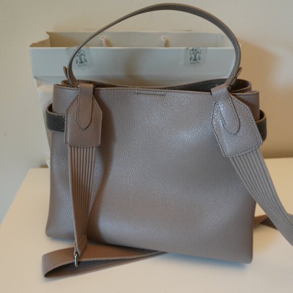 Brunello Cucinelli Essence Leather Tote Bag Large Monili Crossbody Wide Strap - Picture 4 of 16